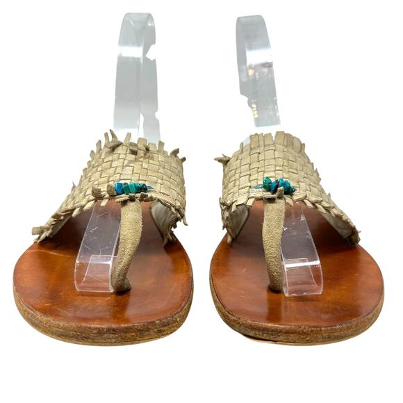 Henry Cuir Slide Sandals Leather‎ Woven Rattan Beaded Tan Brown Size 38 US 8 - Picture 2 of 13